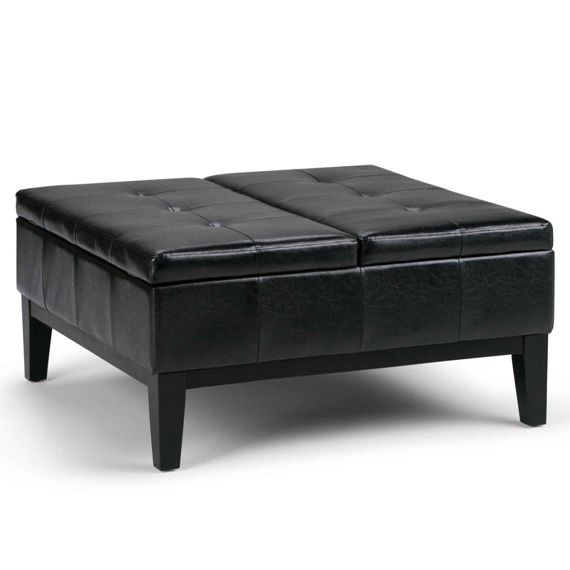36" Black and Dark Brown Leather Cocktail Ottoman With Storage