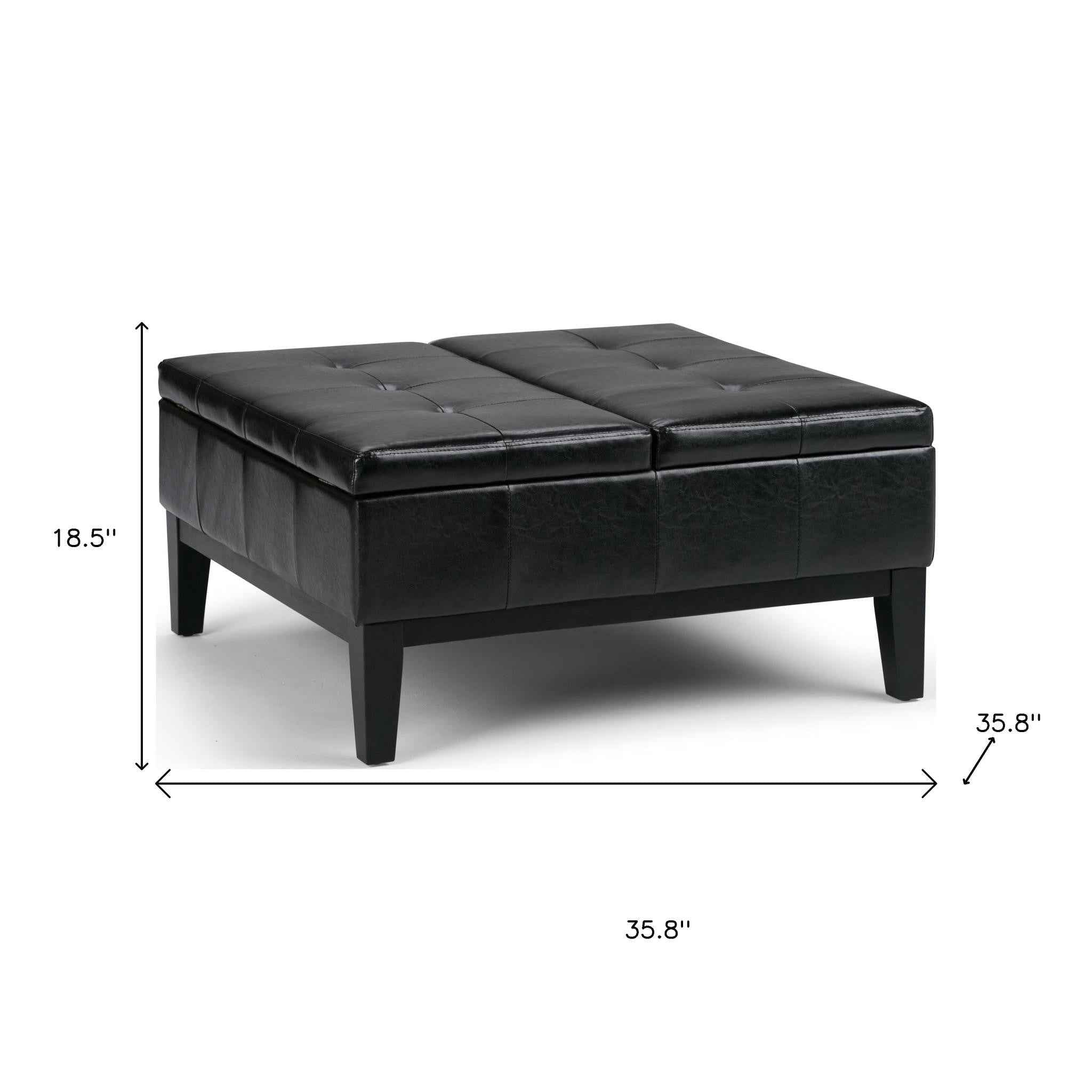 36" Black and Dark Brown Leather Cocktail Ottoman With Storage