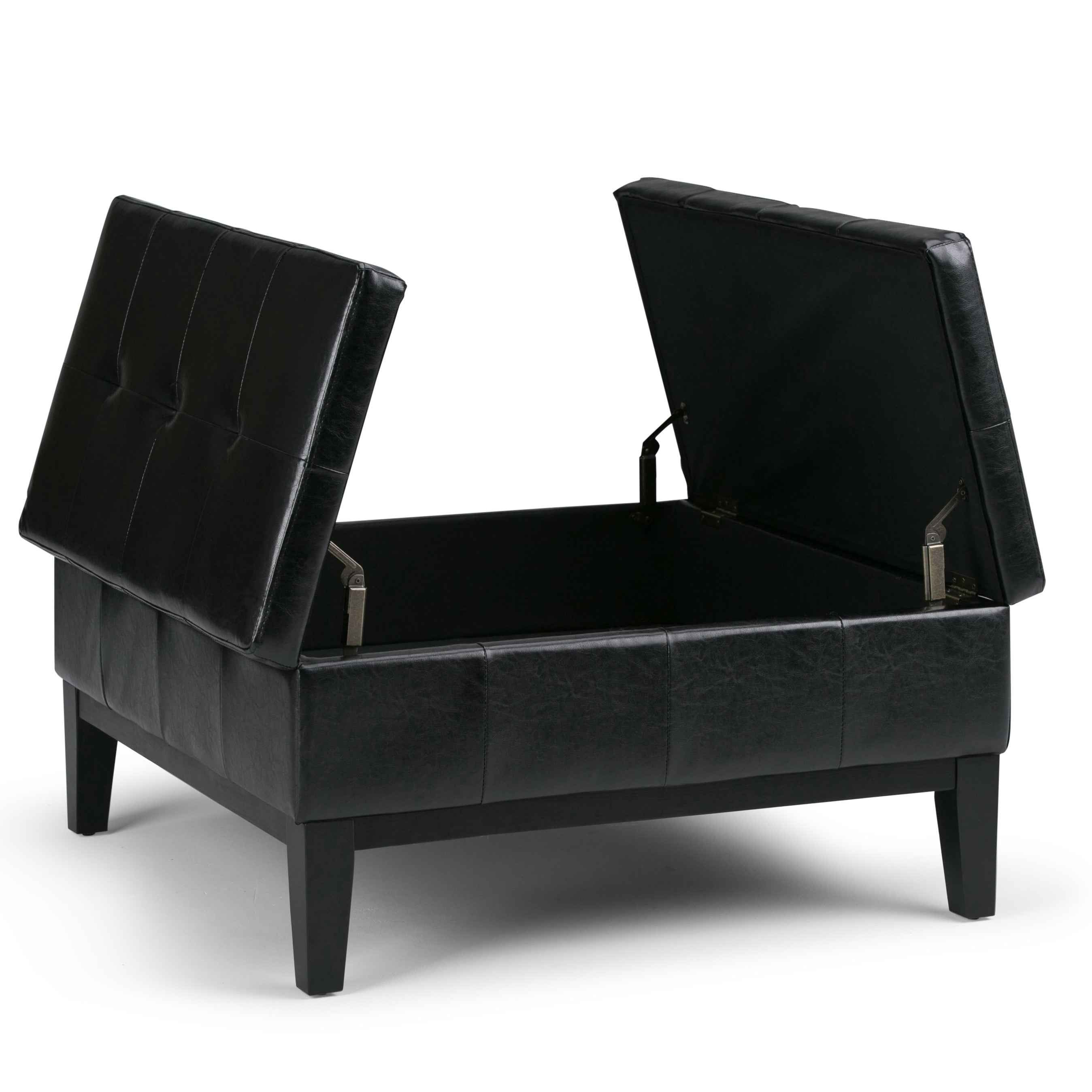 36" Black and Dark Brown Leather Cocktail Ottoman With Storage
