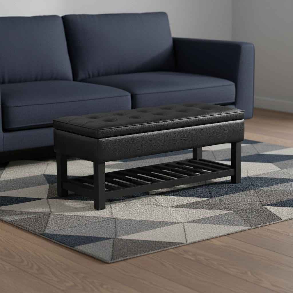 44" Black and Dark Brown Leather Ottoman With Storage