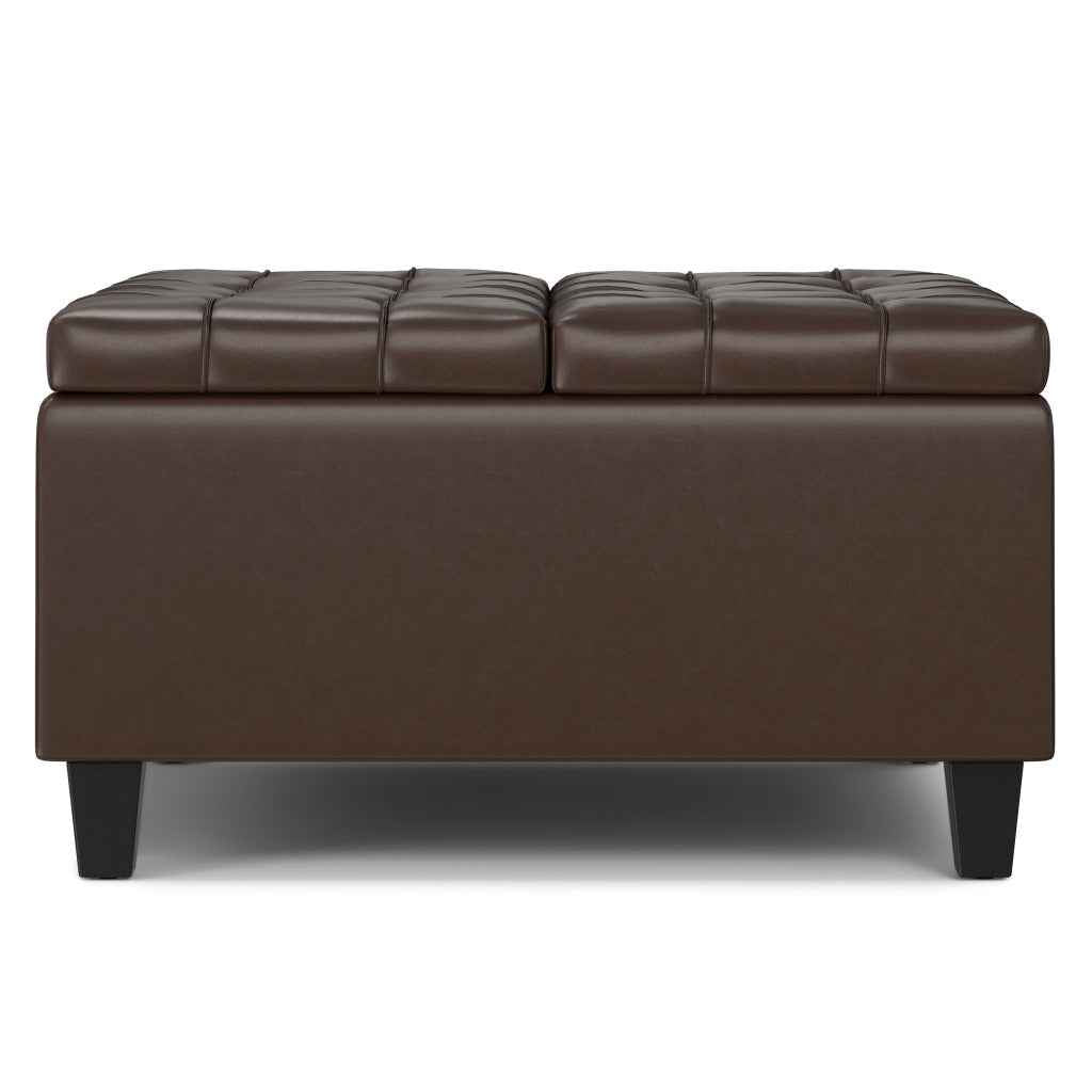 30" Brown and Black Leather Cocktail Ottoman With Storage
