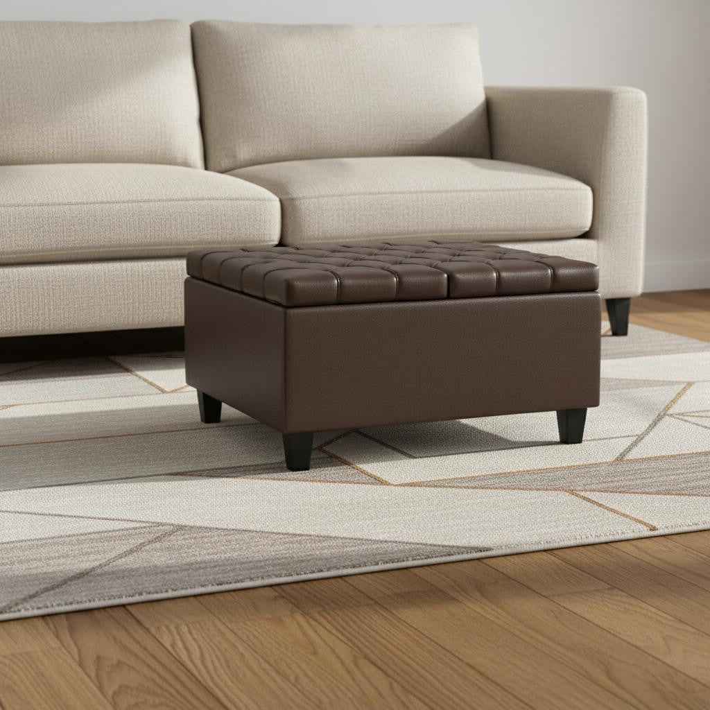 30" Brown and Black Leather Cocktail Ottoman With Storage