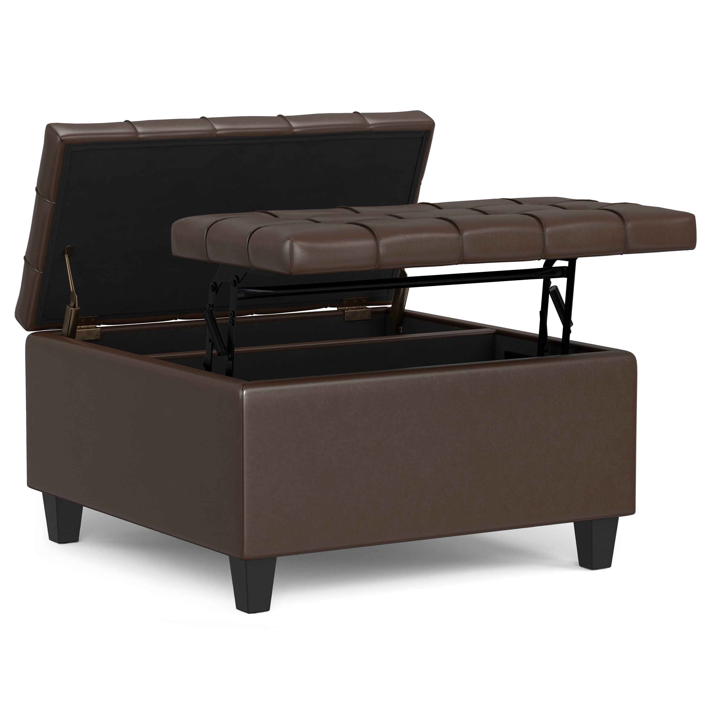 30" Brown and Black Leather Cocktail Ottoman With Storage