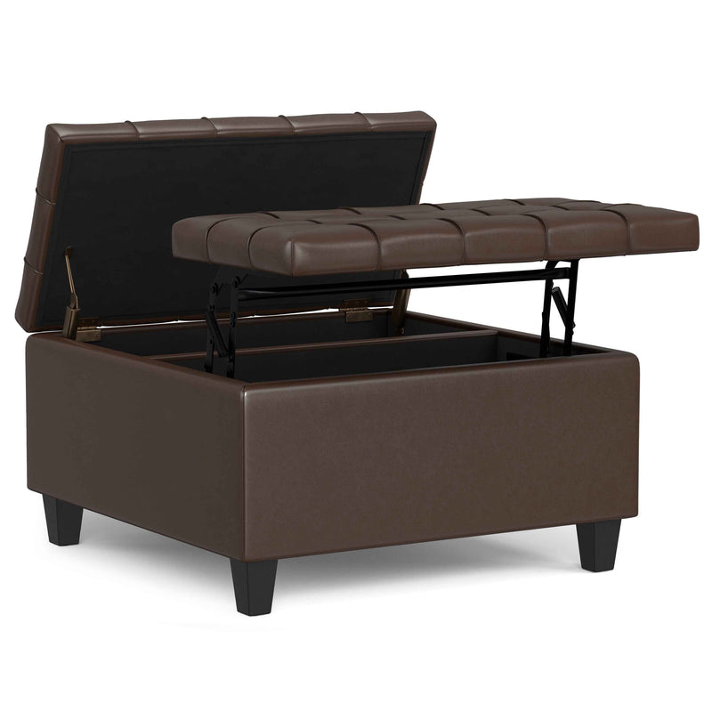 30" Brown and Black Leather Cocktail Ottoman With Storage