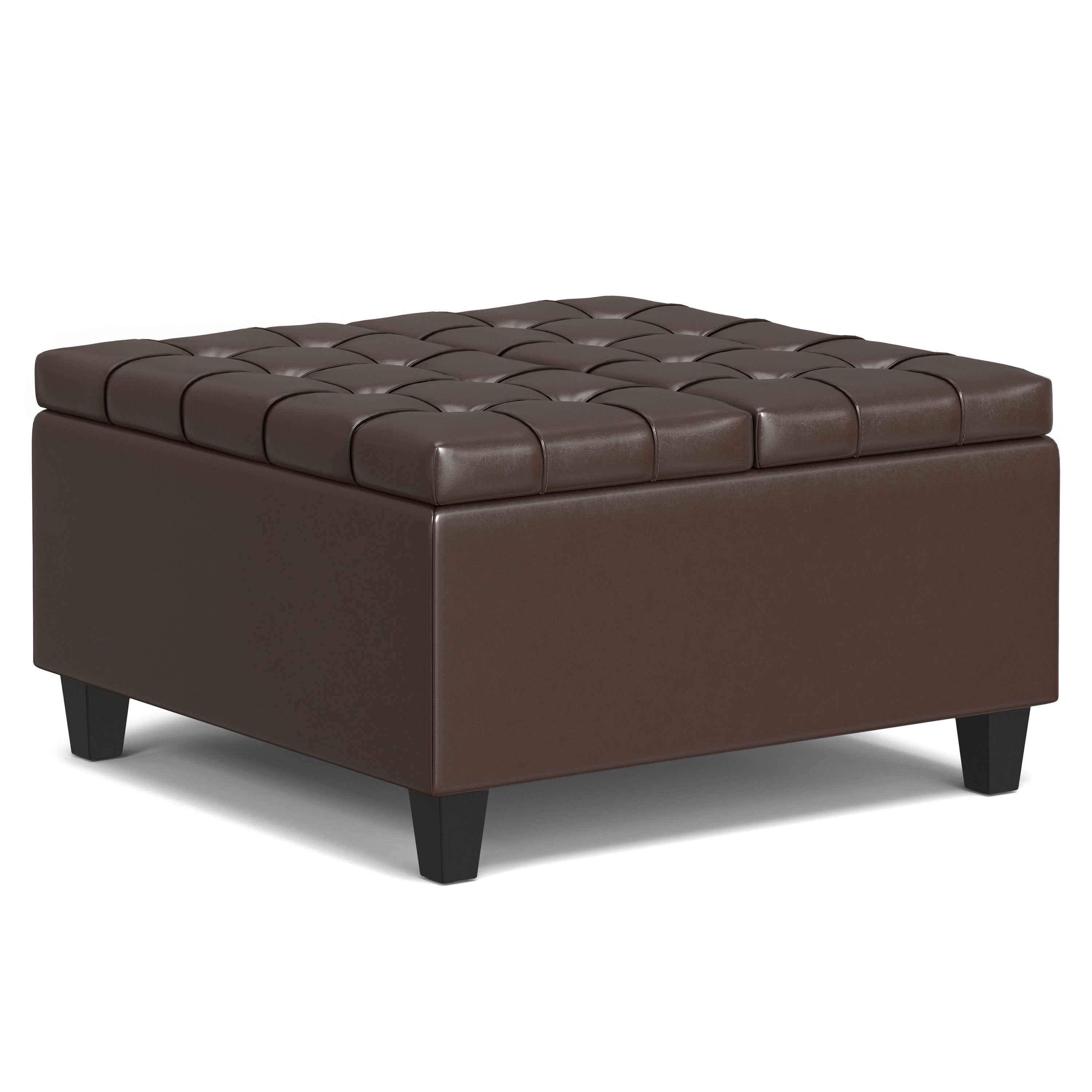 30" Brown and Black Leather Cocktail Ottoman With Storage