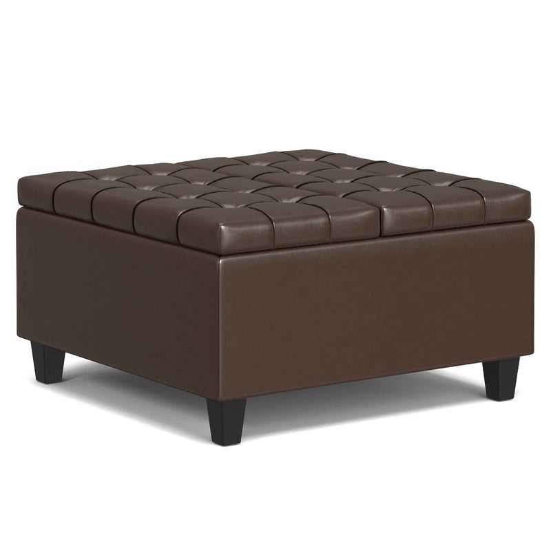 30" Brown and Black Leather Cocktail Ottoman With Storage