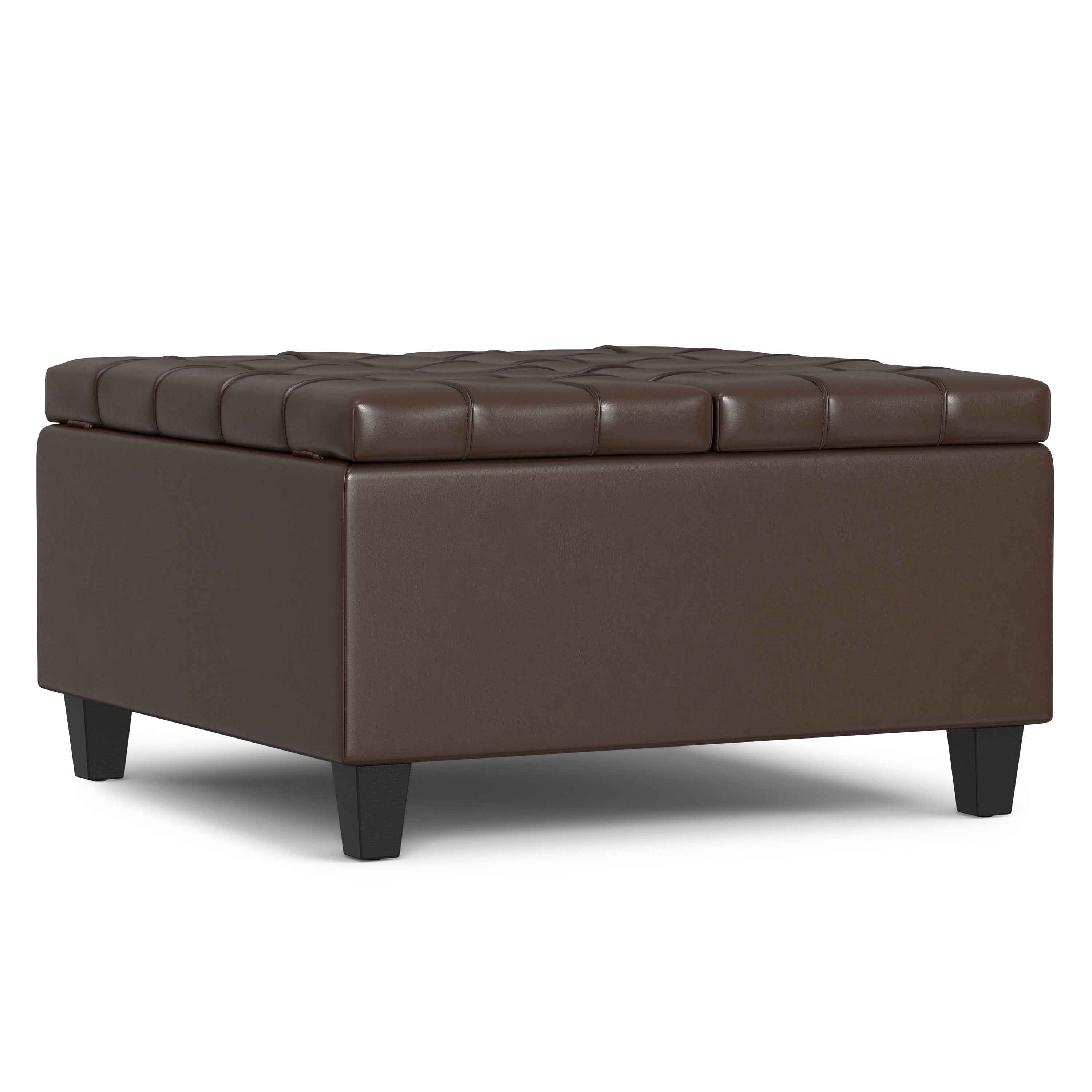 30" Brown and Black Leather Cocktail Ottoman With Storage