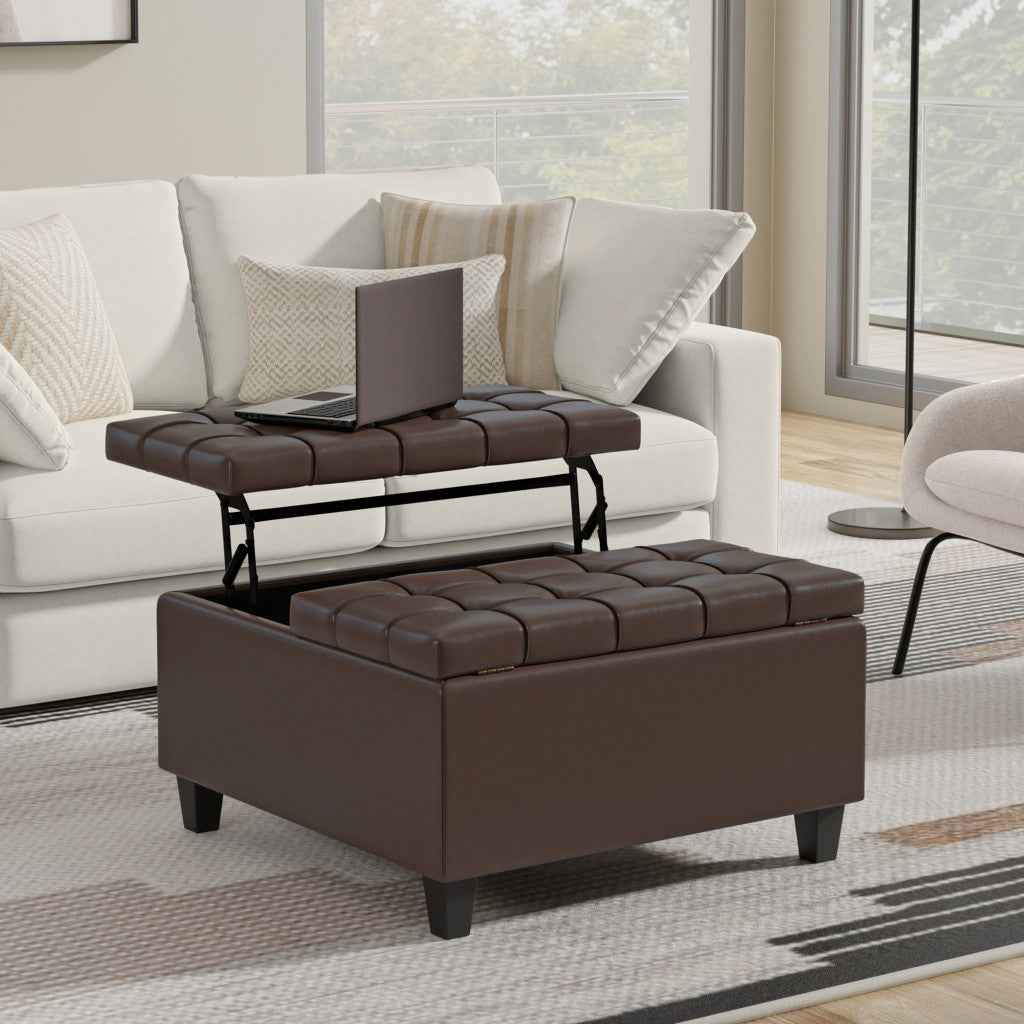 30" Brown and Black Leather Cocktail Ottoman With Storage
