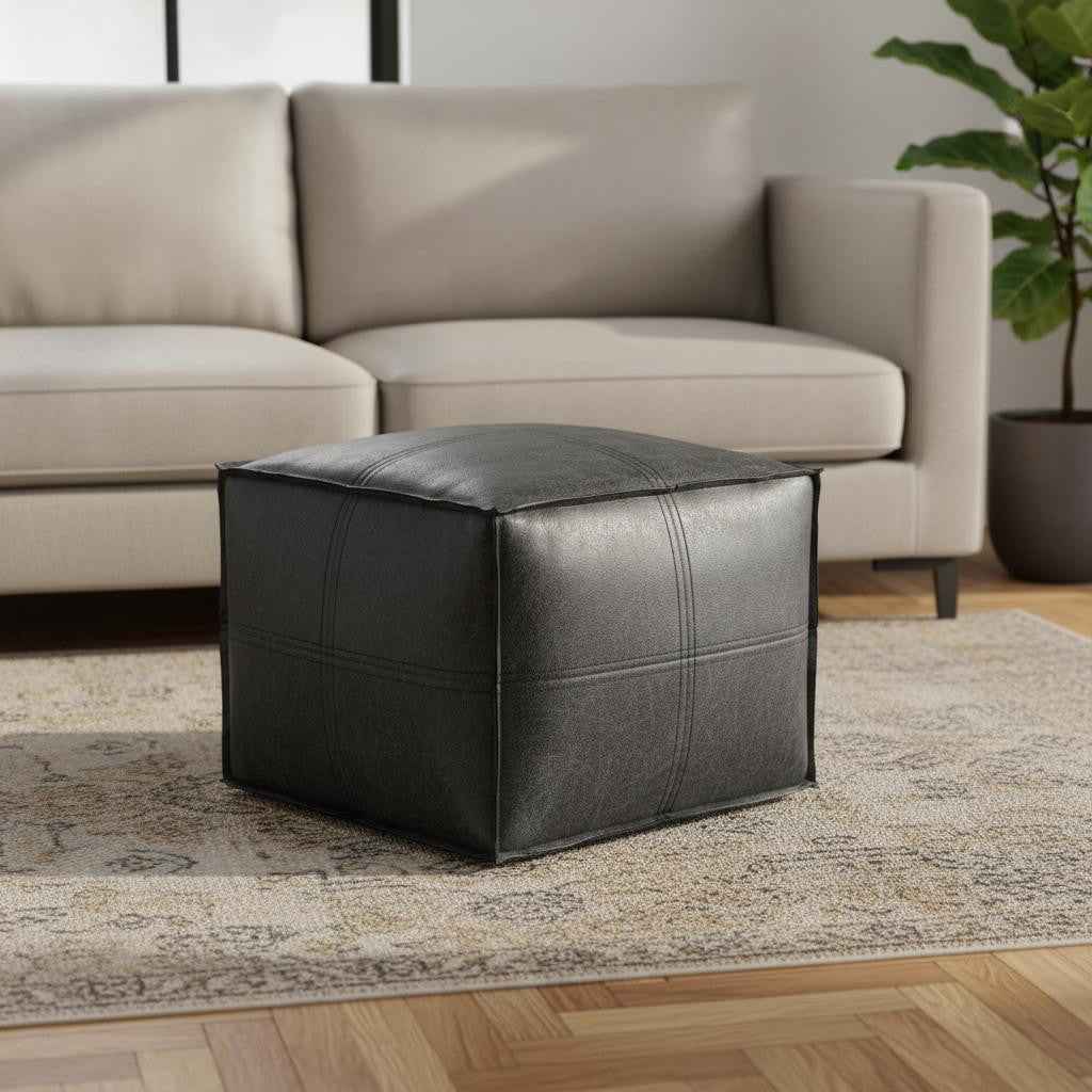 18" Black Faux Leather Pouf Ottoman