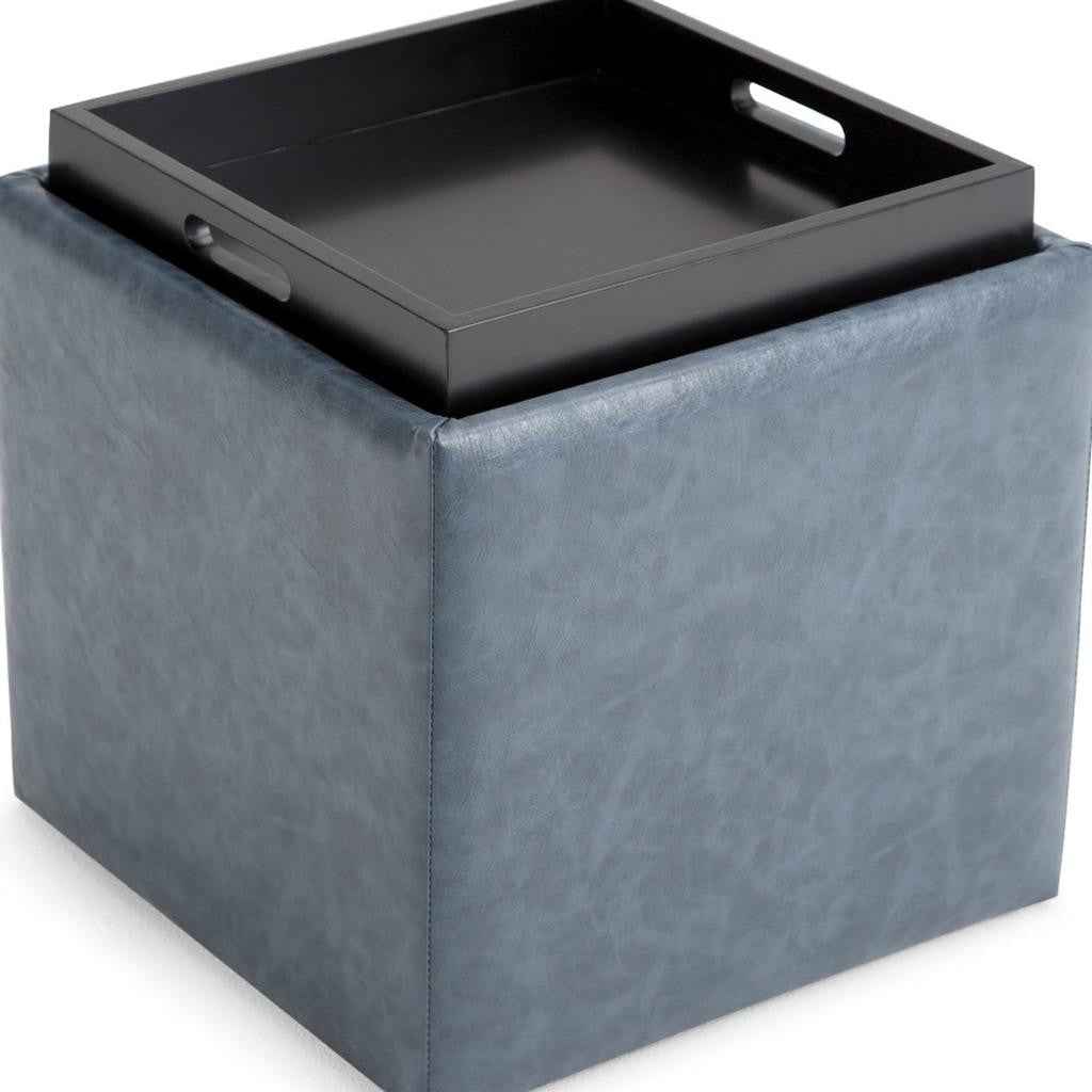 17" Denim Blue Upholstery Storage Ottoman