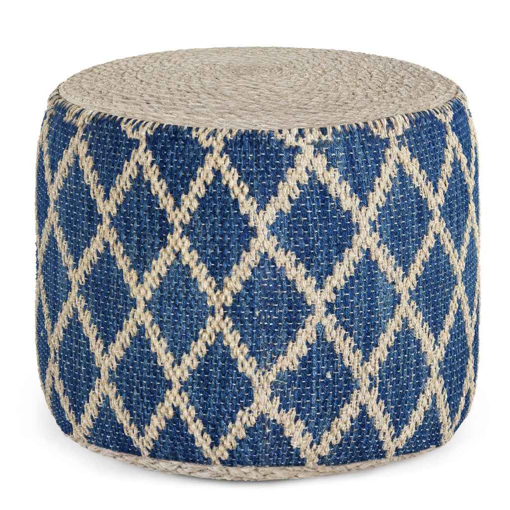 18" Blue Jute Round Pouf Ottoman