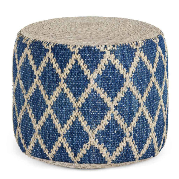 18" Blue Jute Round Pouf Ottoman