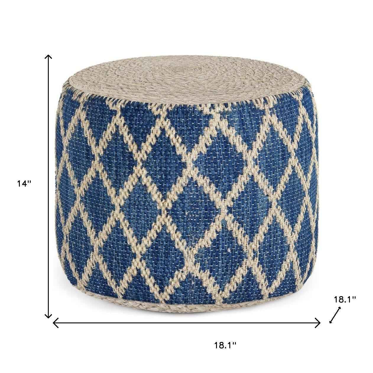 18" Blue Jute Round Pouf Ottoman