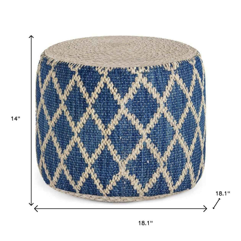 18" Blue Jute Round Pouf Ottoman