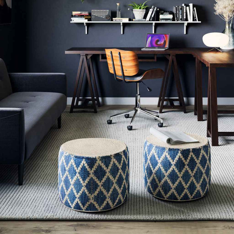 18" Blue Jute Round Pouf Ottoman