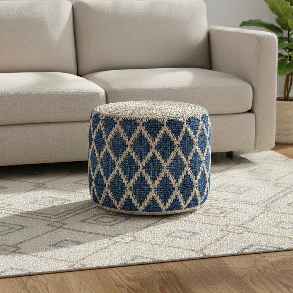 18" Blue Jute Round Pouf Ottoman