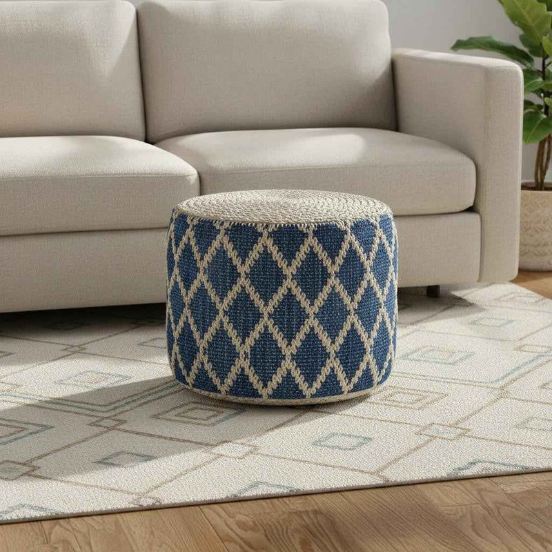 18" Blue Jute Round Pouf Ottoman