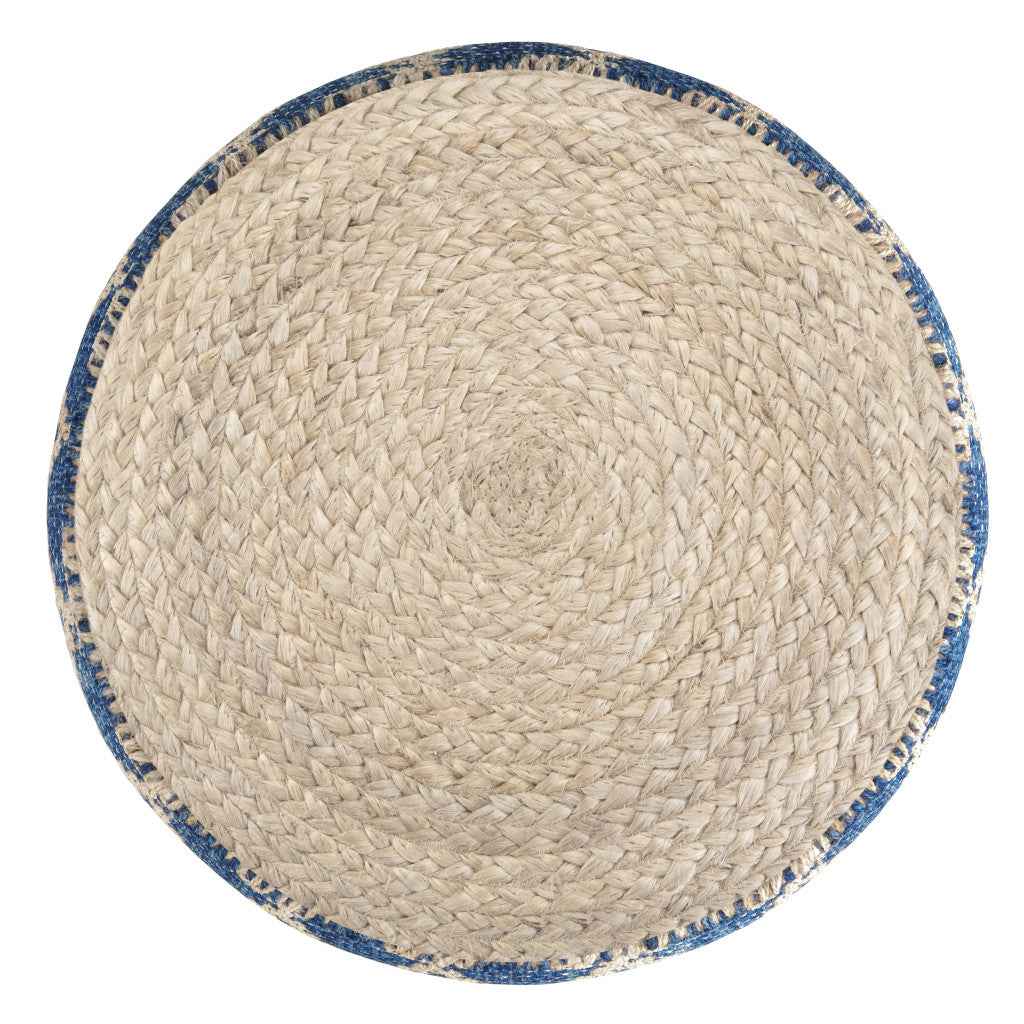 18" Blue Jute Round Pouf Ottoman
