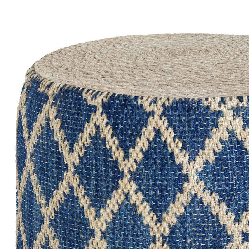 18" Blue Jute Round Pouf Ottoman