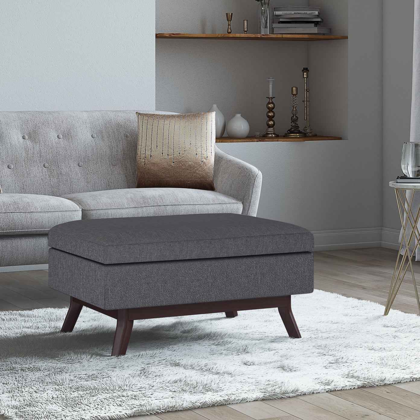 34" Gray and Brown Fabric Cocktail Ottoman With Storage