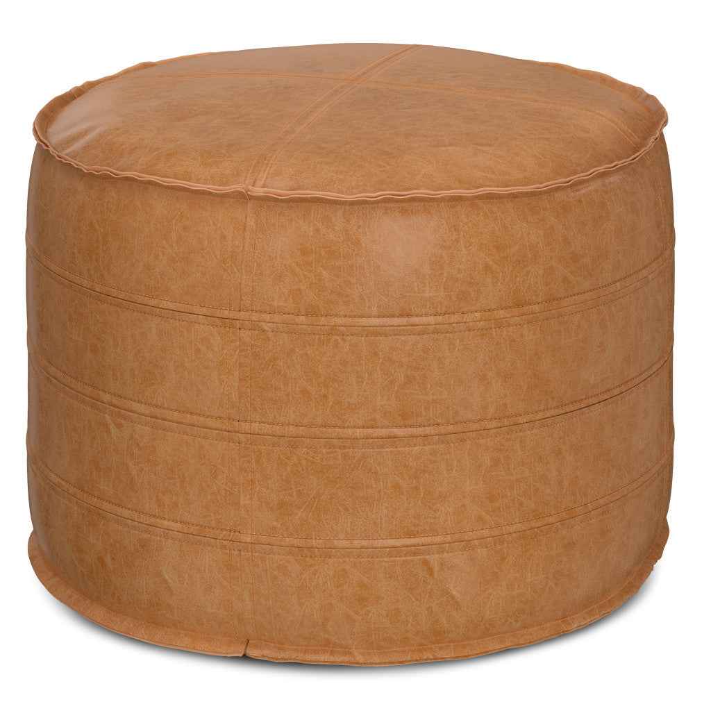 20" Brown Faux Leather Round Pouf Ottoman