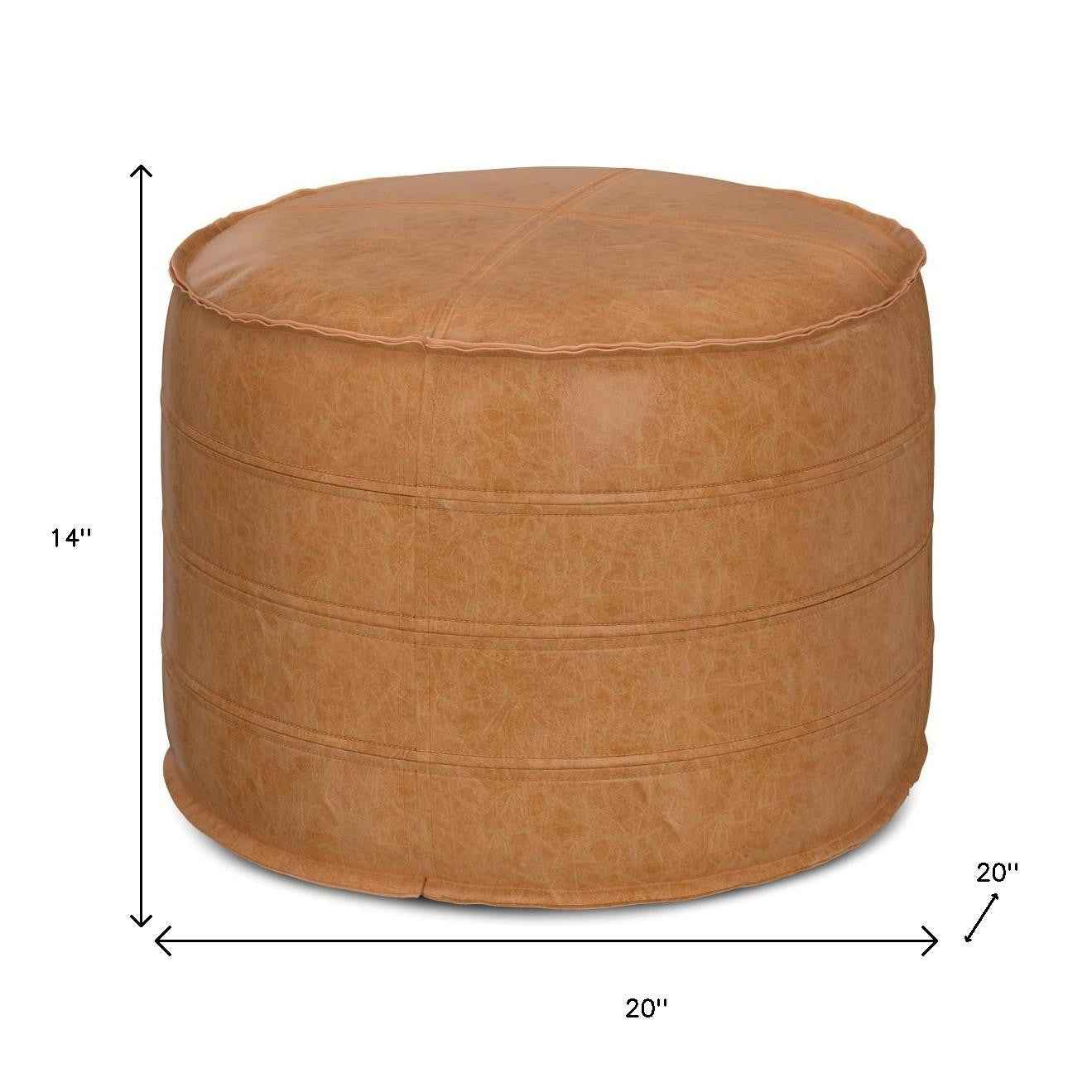 20" Brown Faux Leather Round Pouf Ottoman