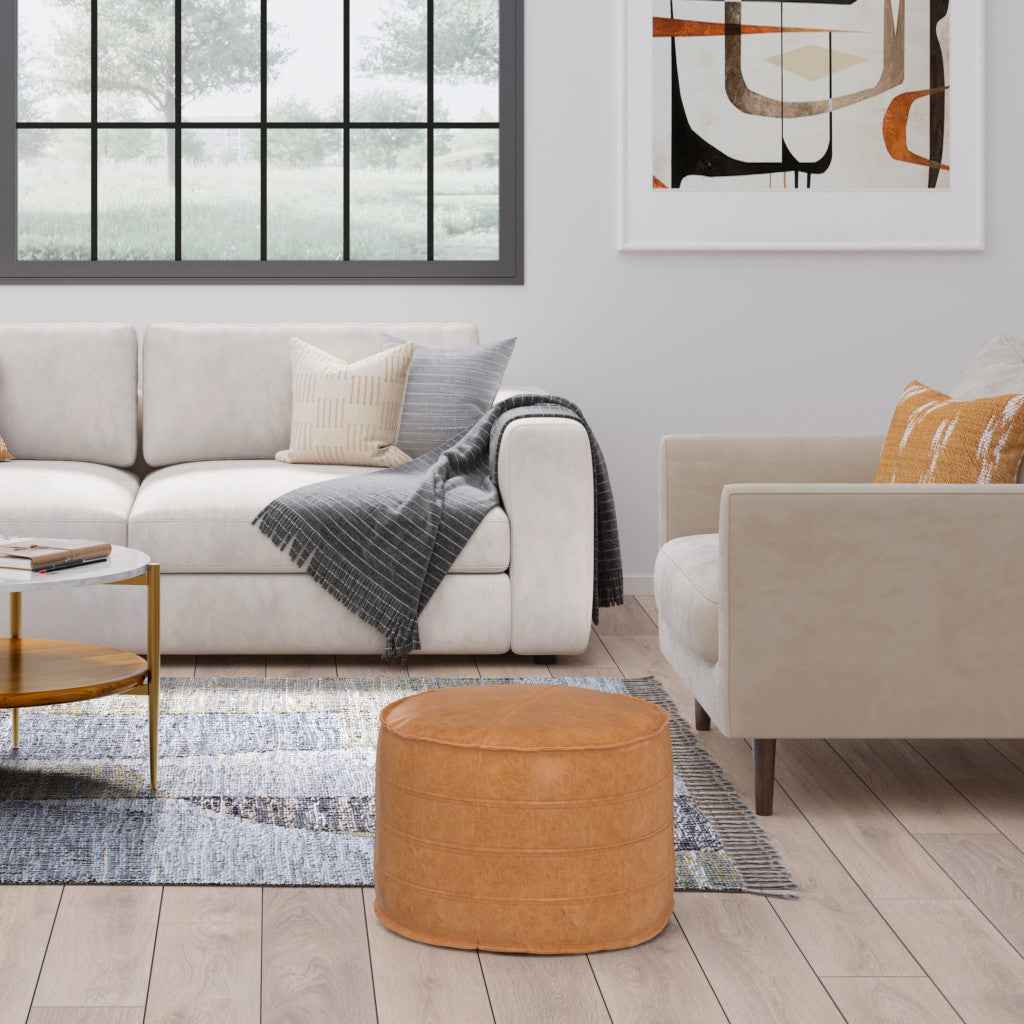 20" Brown Faux Leather Round Pouf Ottoman