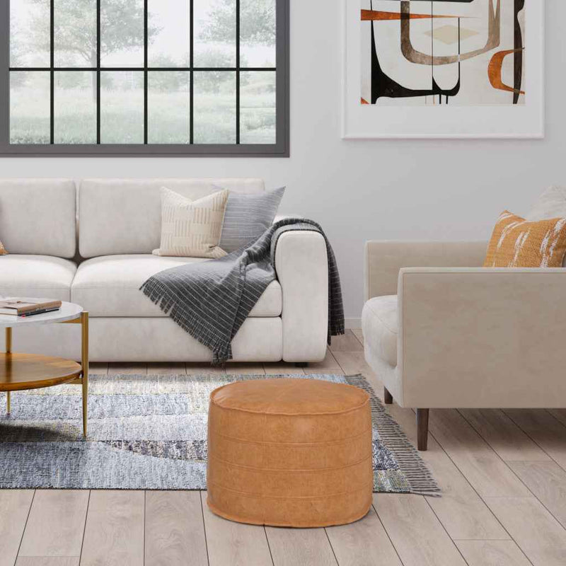 20" Brown Faux Leather Round Pouf Ottoman