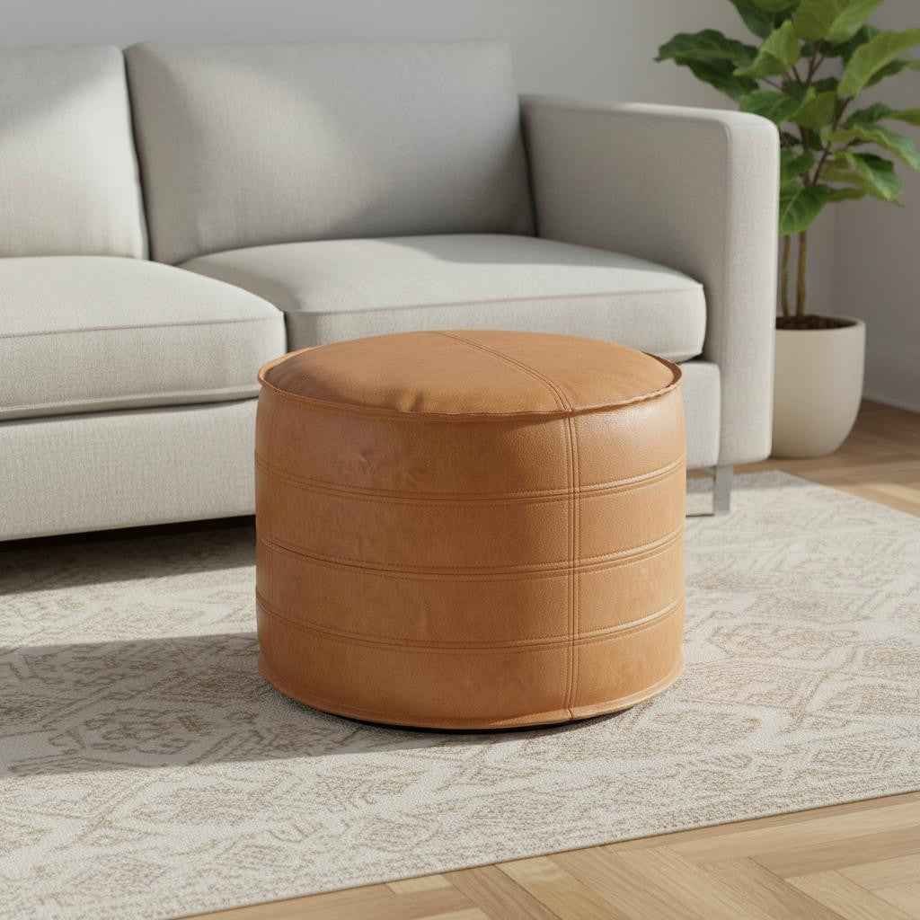 20" Brown Faux Leather Round Pouf Ottoman