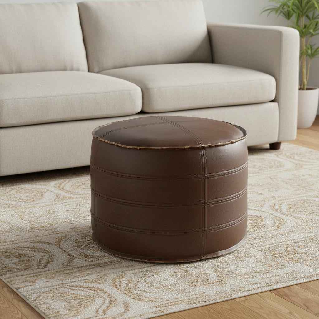 20" Brown Faux Leather Round Pouf Ottoman