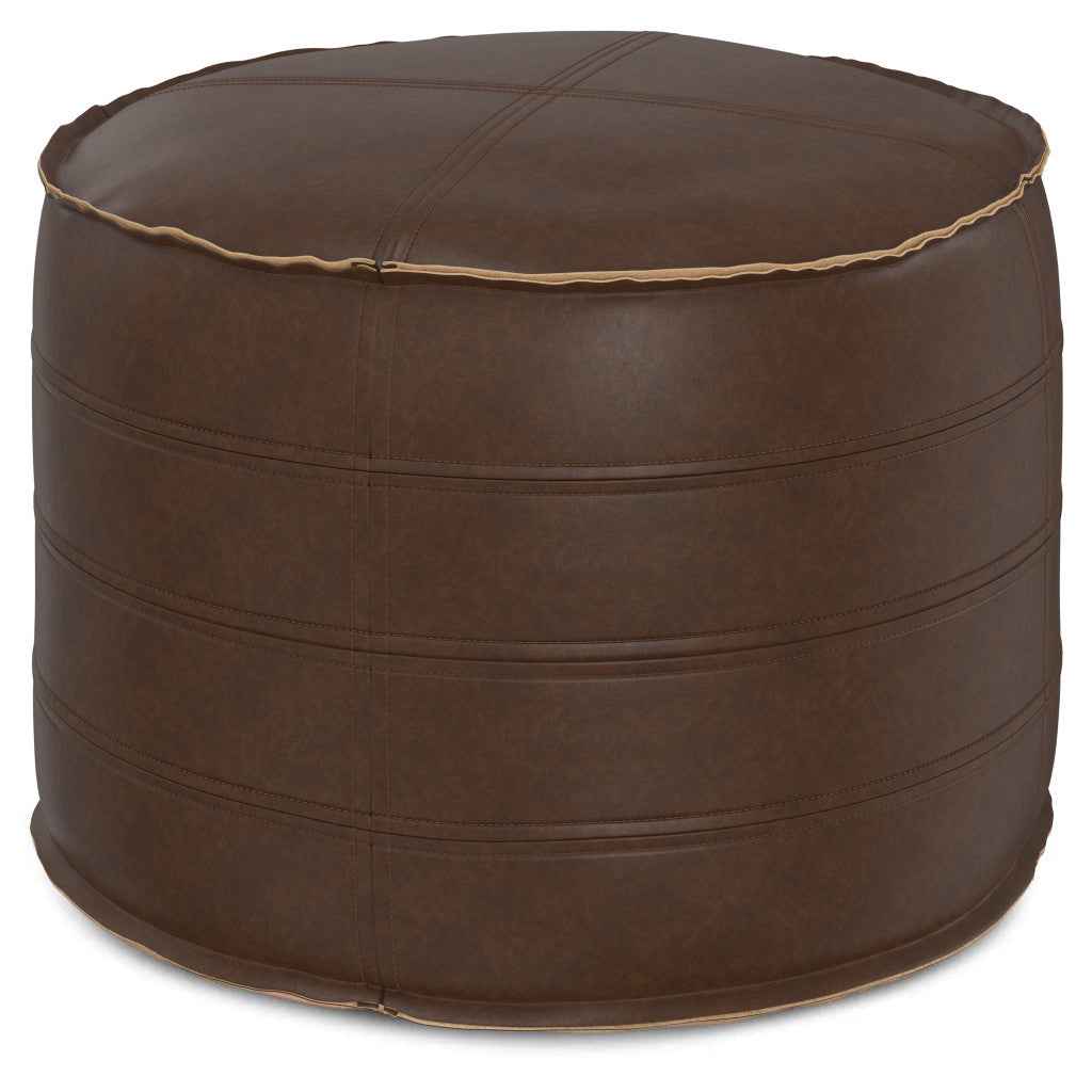 20" Brown Faux Leather Round Pouf Ottoman