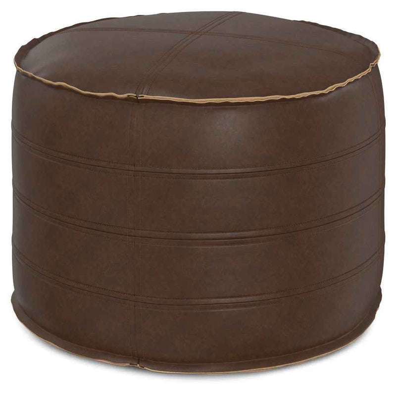 20" Brown Faux Leather Round Pouf Ottoman