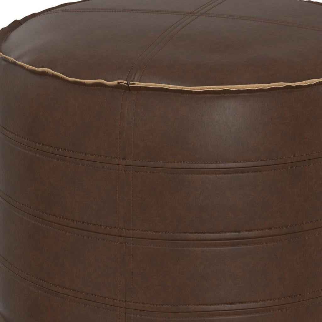 20" Brown Faux Leather Round Pouf Ottoman