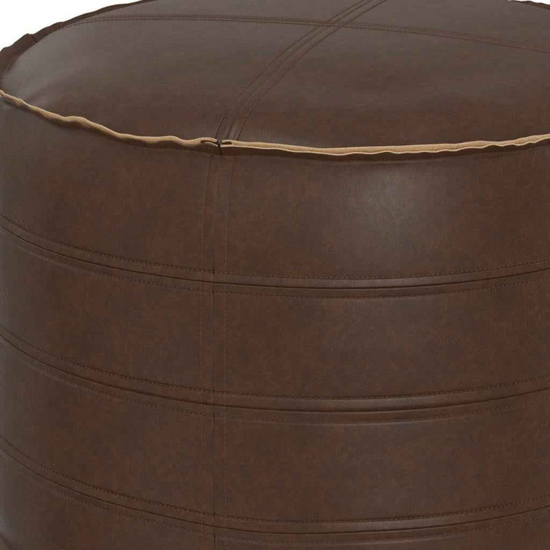 20" Brown Faux Leather Round Pouf Ottoman