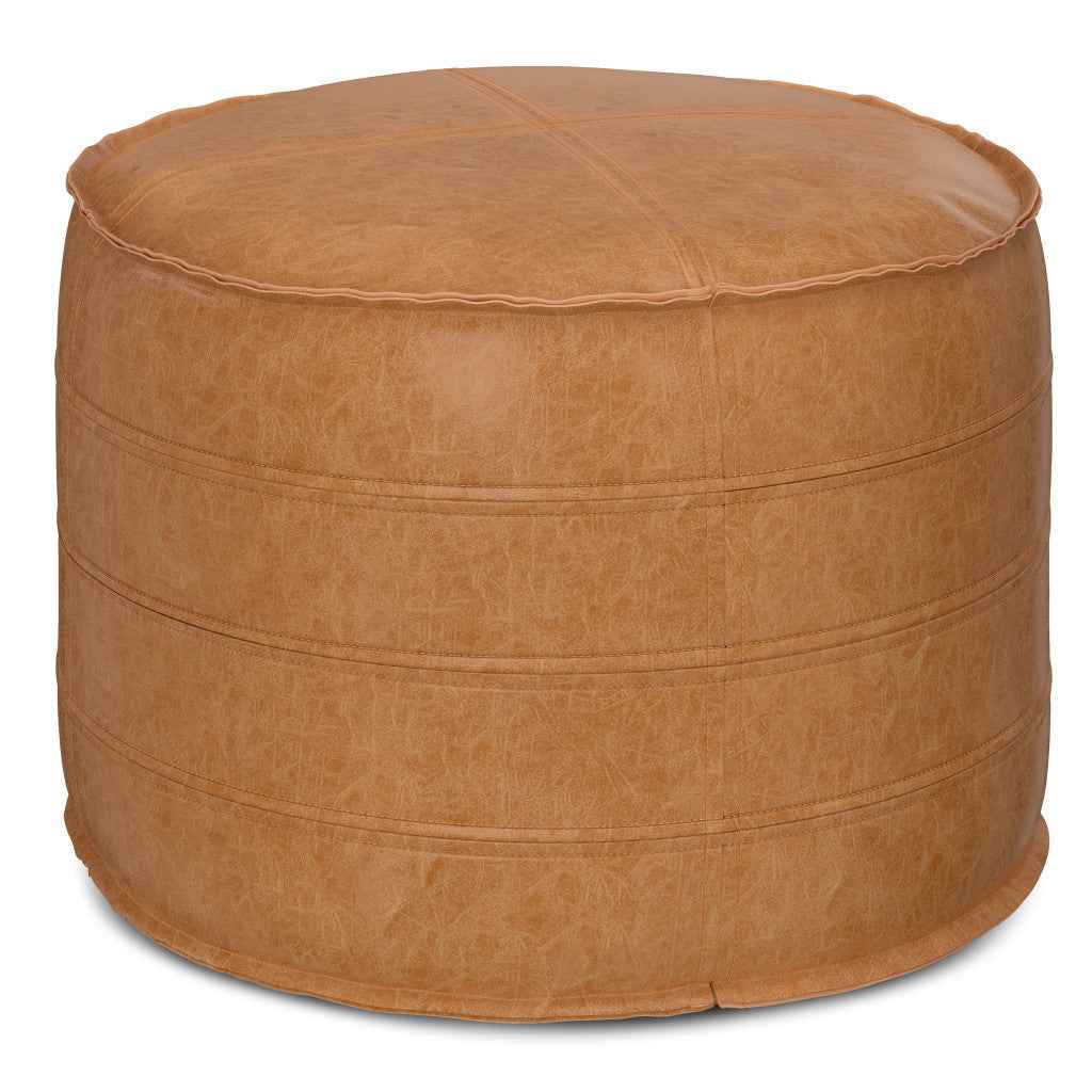 20" Brown Faux Leather Round Pouf Ottoman