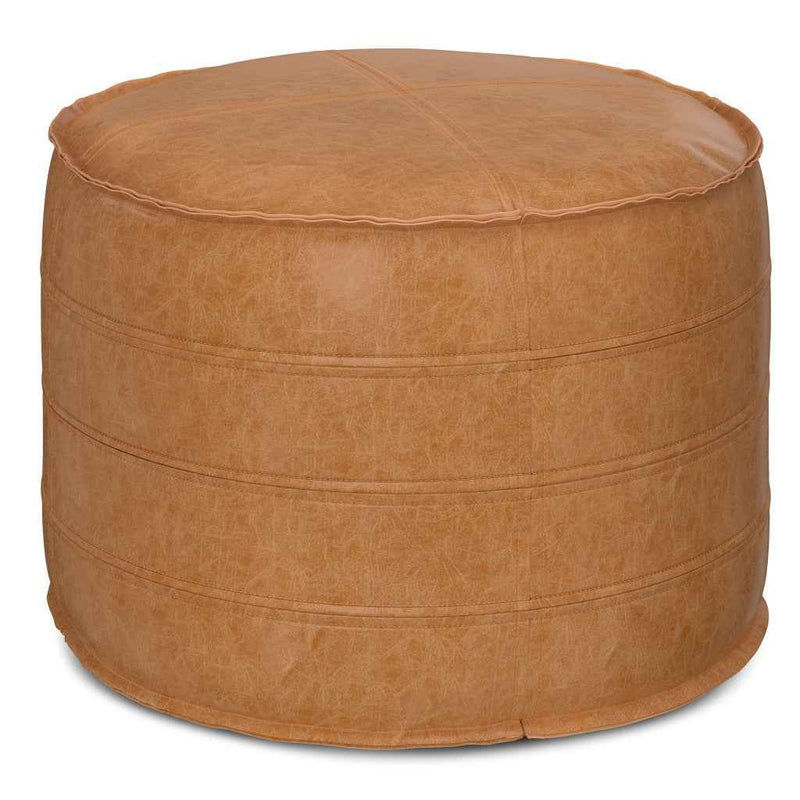 20" Brown Faux Leather Round Pouf Ottoman
