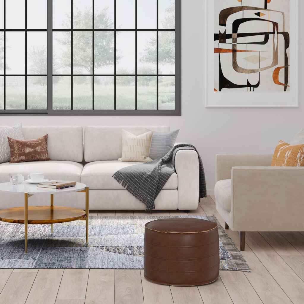 20" Brown Faux Leather Round Pouf Ottoman