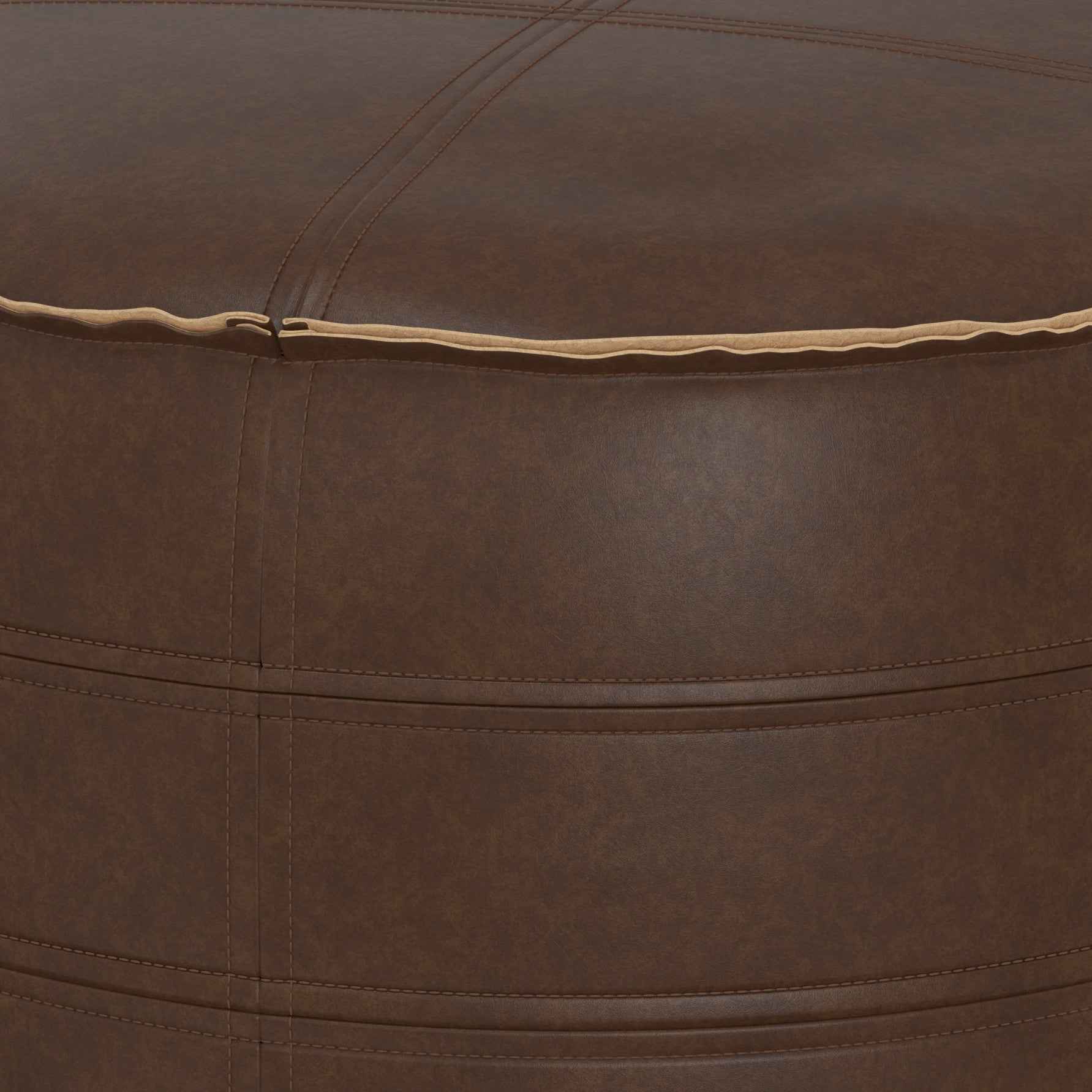 20" Brown Faux Leather Round Pouf Ottoman