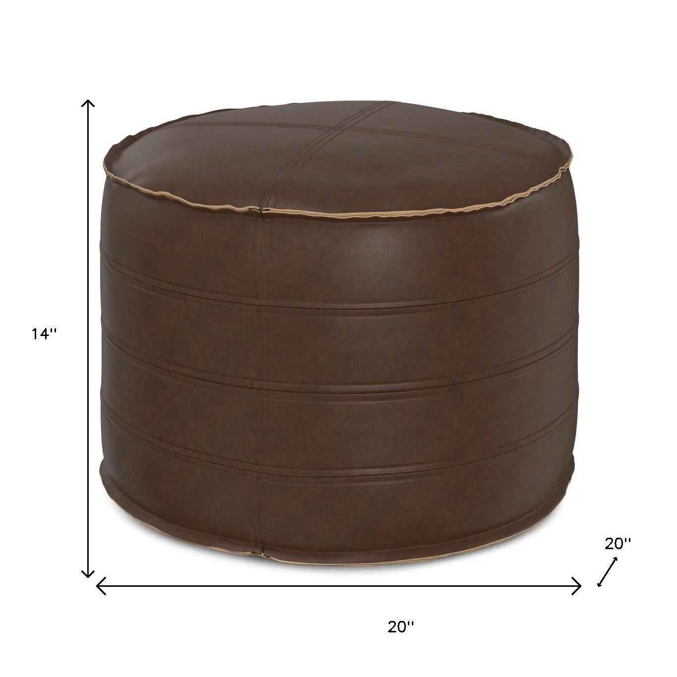 20" Brown Faux Leather Round Pouf Ottoman