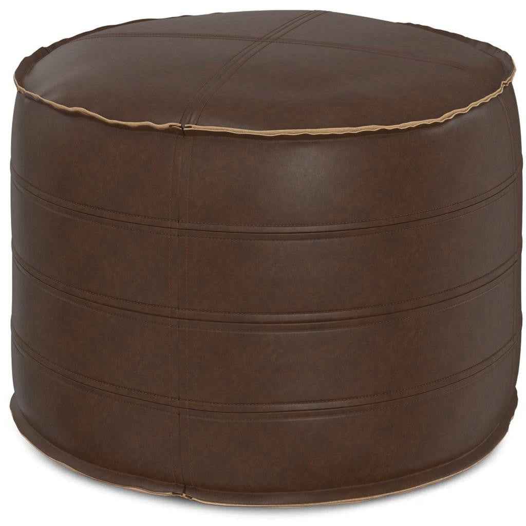20" Brown Faux Leather Round Pouf Ottoman