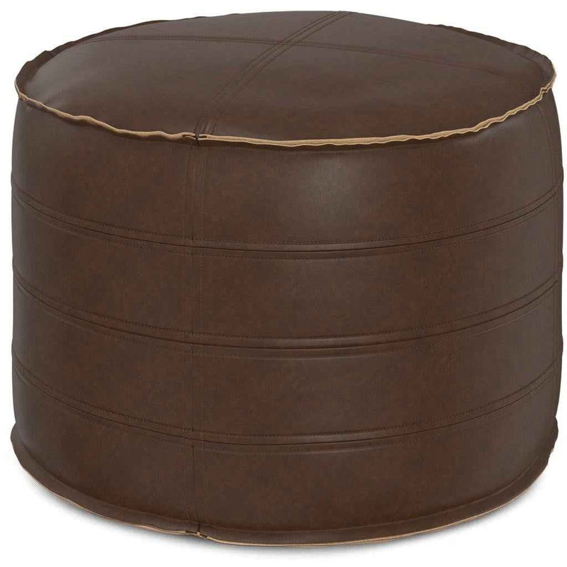 20" Brown Faux Leather Round Pouf Ottoman