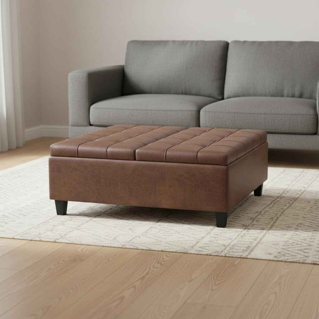 40" Brown Leather Cocktail Ottoman With Storage