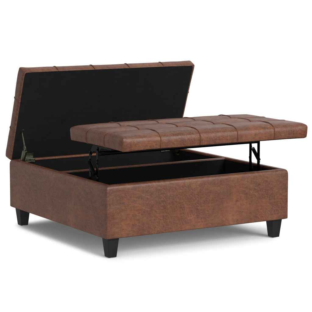 40" Brown Leather Cocktail Ottoman With Storage