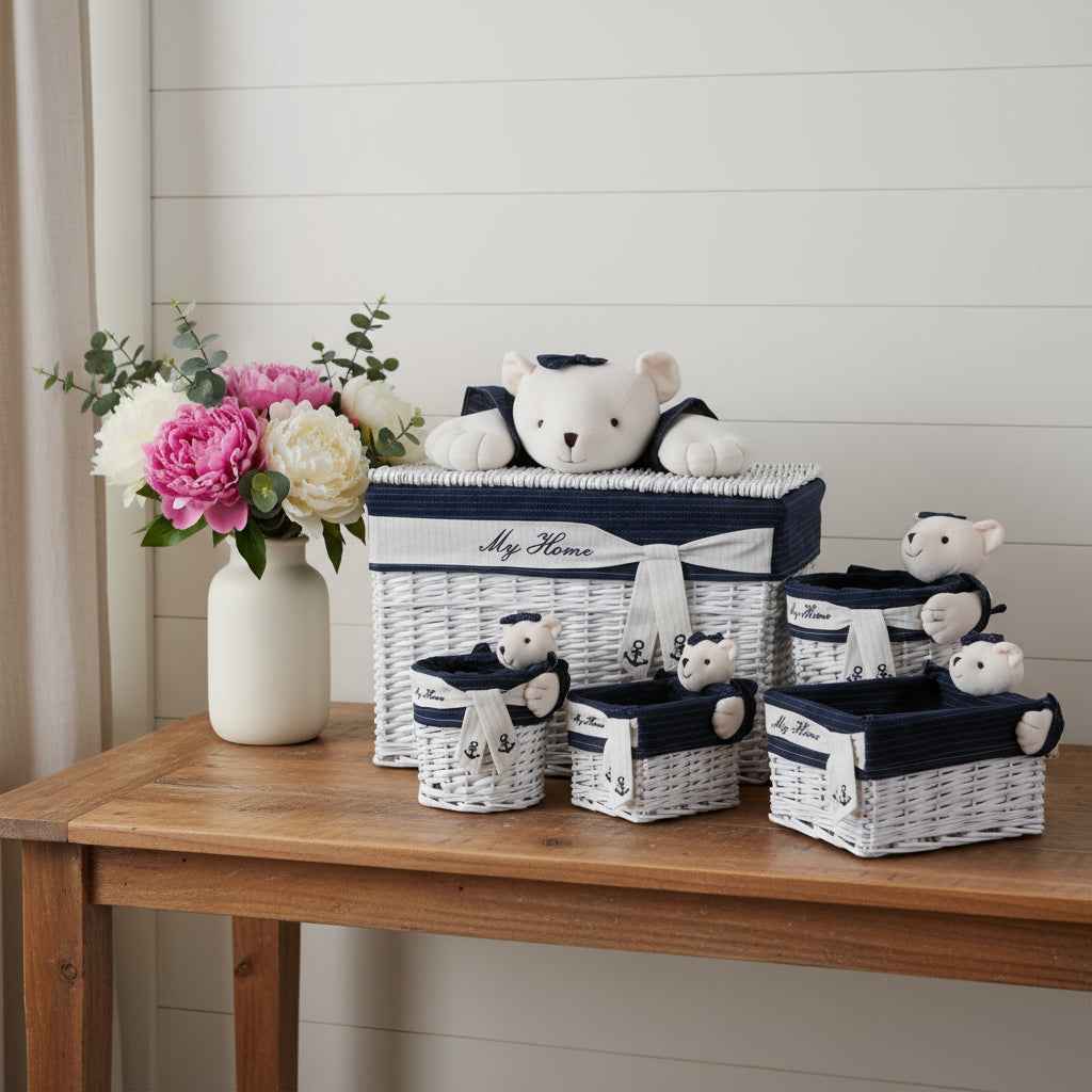 Set of Five Blue And White Rattan Basket