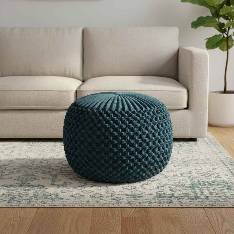 20" Blue Velvet Round Pouf Ottoman
