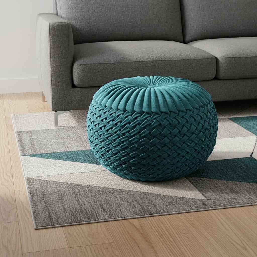 20" Blue Velvet Round Pouf Ottoman