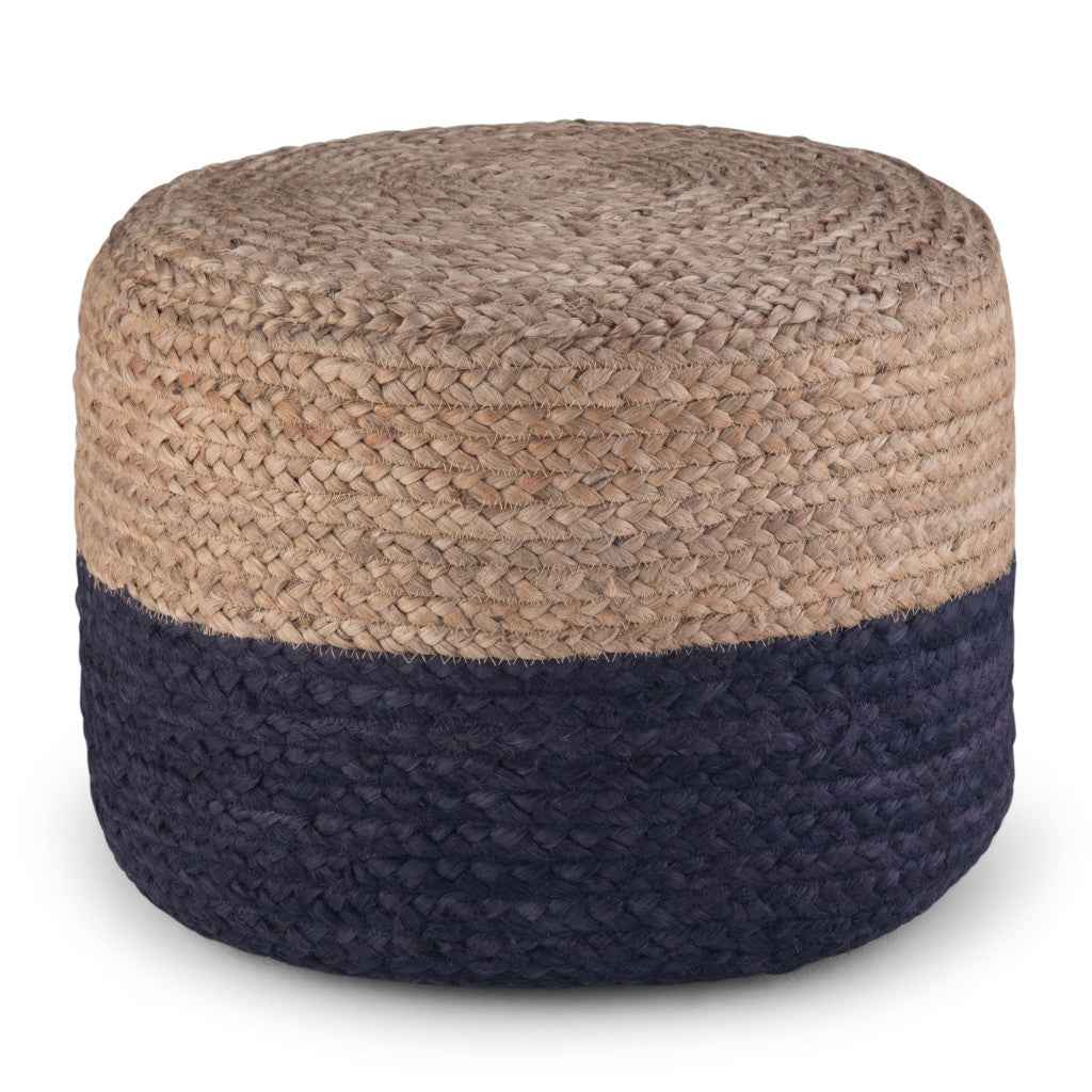 18" Blue Jute Round Pouf Ottoman