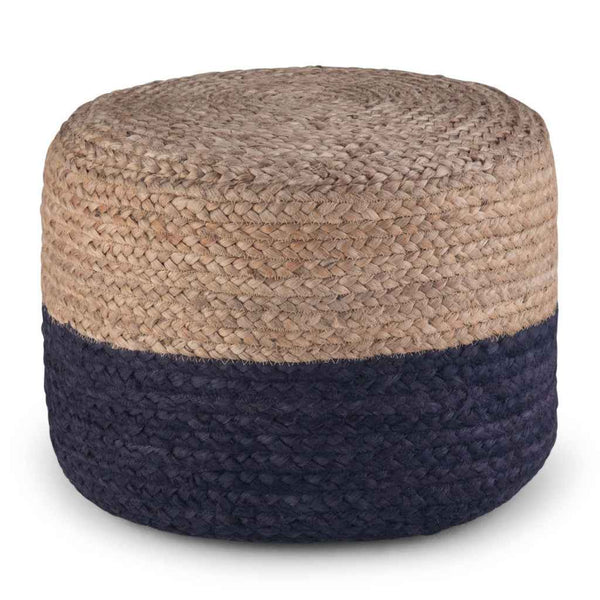 18" Blue Jute Round Pouf Ottoman