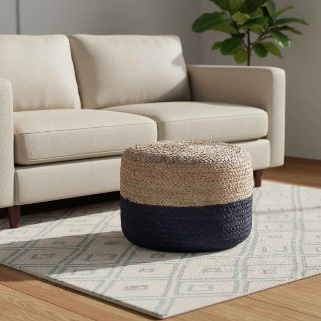 18" Blue Jute Round Pouf Ottoman