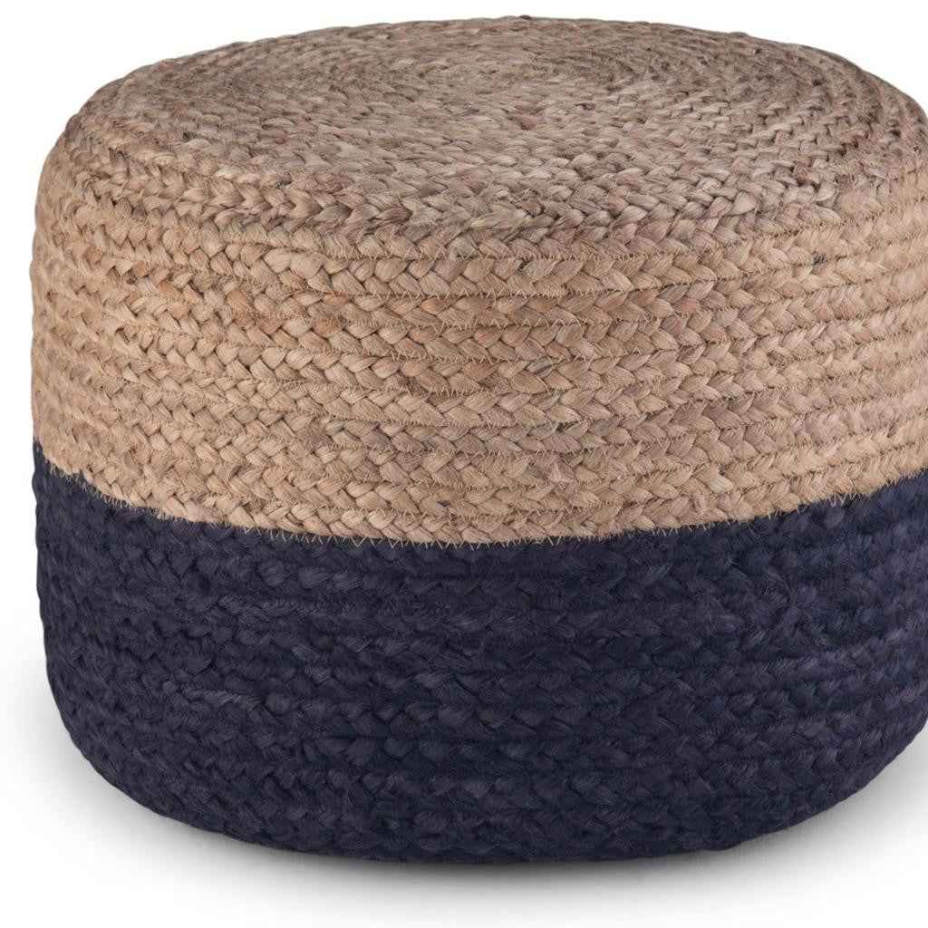 18" Blue Jute Round Pouf Ottoman